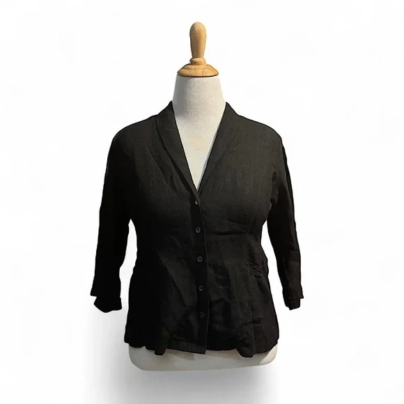 Eileen Fisher Petite PM Black Blazer Jacket Linen Blend Lightweight 3/4 Sleeve - Picture 5 of 6